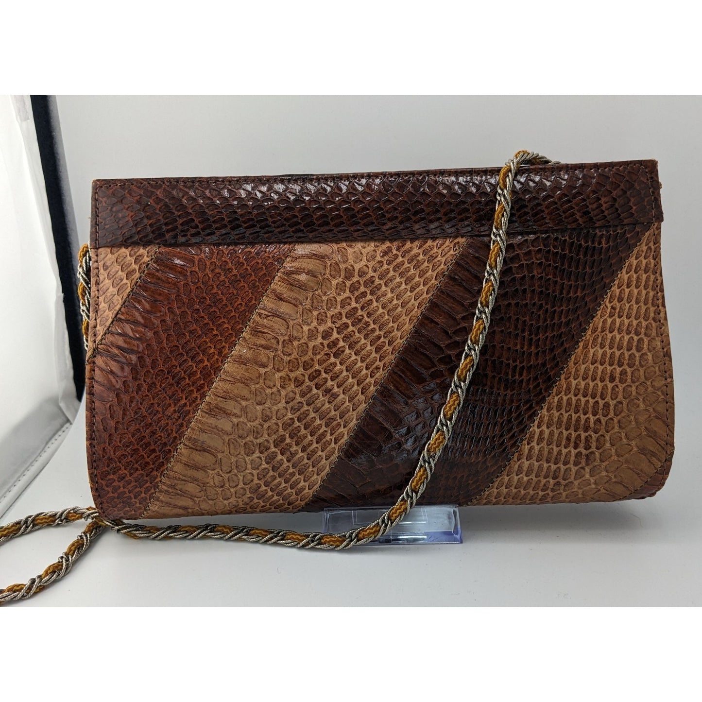 Vintage Patchwork Snakeskin Leather Clutch With Chain Strap