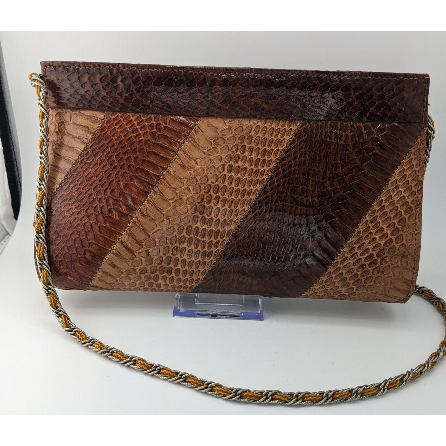 Vintage Patchwork Snakeskin Leather Clutch With Chain Strap