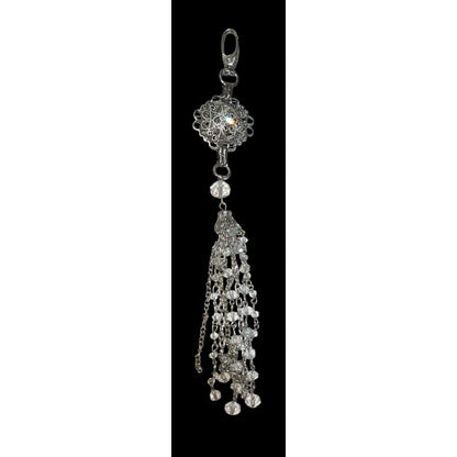 Glam Silver Crystal Tassel Keychain Filigree Rhinestone Beaded Bag Charm