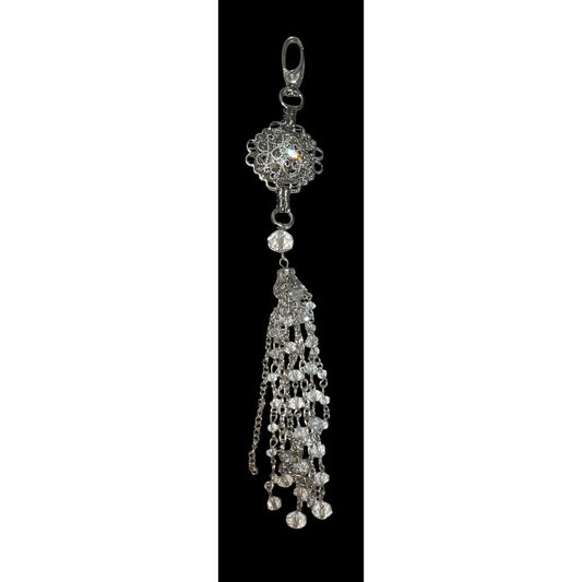 Glam Silver Crystal Tassel Keychain Filigree Rhinestone Beaded Bag Charm
