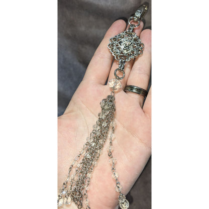 Glam Silver Crystal Tassel Keychain Filigree Rhinestone Beaded Bag Charm