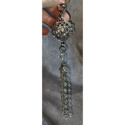 Glam Silver Crystal Tassel Keychain Filigree Rhinestone Beaded Bag Charm