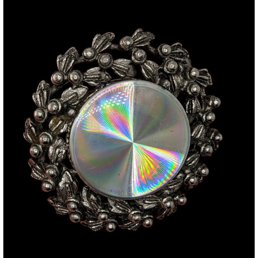Vintage Prismatic Wreath Brooch With Iridescent Glass Centerpiece & Ornate Silver-Tone Floral Design