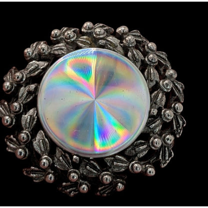 Vintage Prismatic Wreath Brooch With Iridescent Glass Centerpiece & Ornate Silver-Tone Floral Design