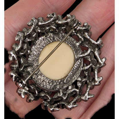 Vintage Prismatic Wreath Brooch With Iridescent Glass Centerpiece & Ornate Silver-Tone Floral Design