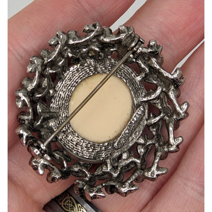 Vintage Prismatic Wreath Brooch With Iridescent Glass Centerpiece & Ornate Silver-Tone Floral Design
