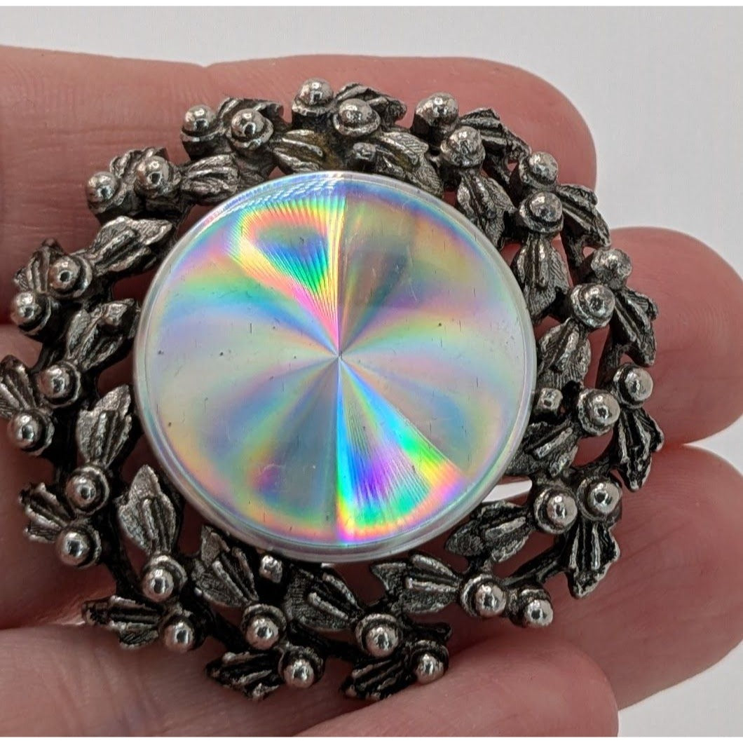 Vintage Prismatic Wreath Brooch With Iridescent Glass Centerpiece & Ornate Silver-Tone Floral Design