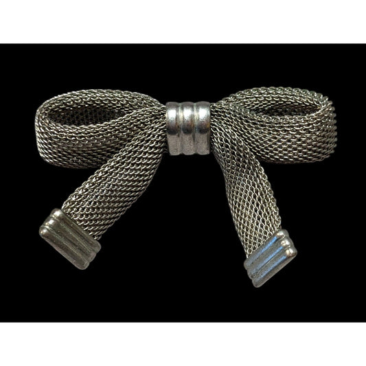 Vintage Silver Tone Metal Mesh Bow Brooch