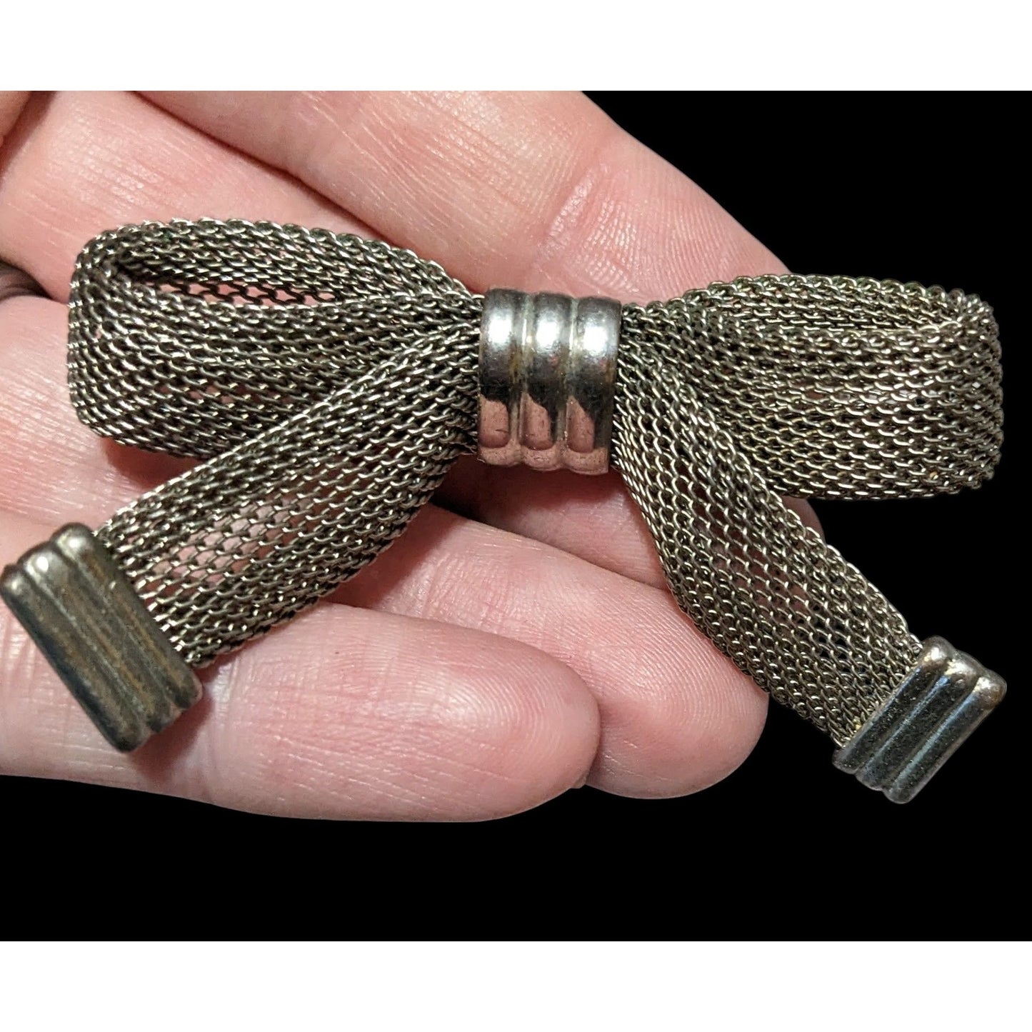 Vintage Silver Tone Metal Mesh Bow Brooch