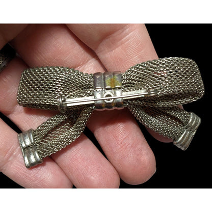 Vintage Silver Tone Metal Mesh Bow Brooch