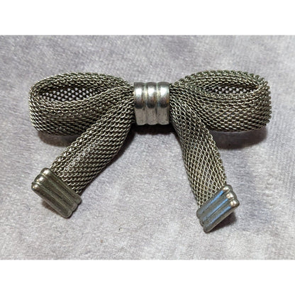 Vintage Silver Tone Metal Mesh Bow Brooch