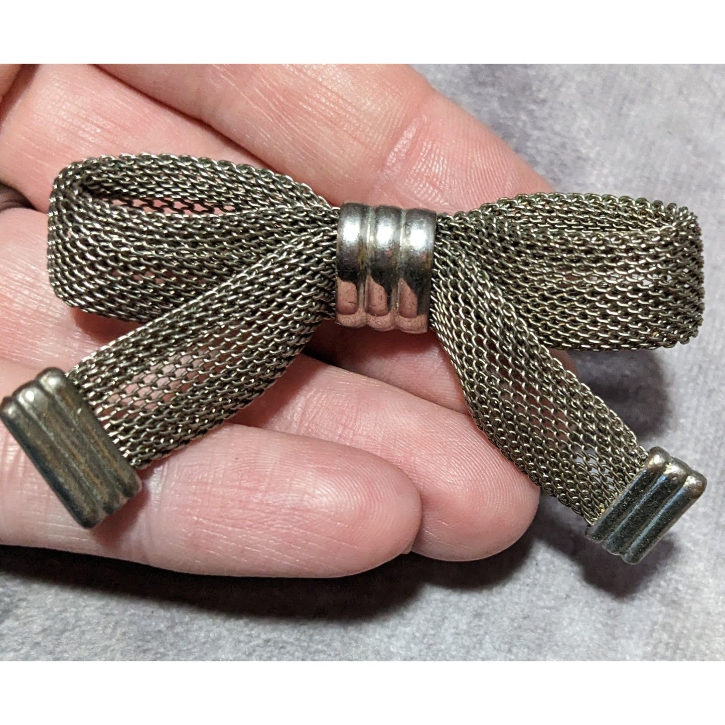 Vintage Silver Tone Metal Mesh Bow Brooch