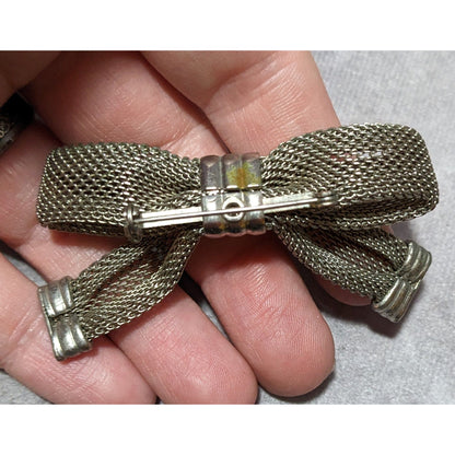 Vintage Silver Tone Metal Mesh Bow Brooch