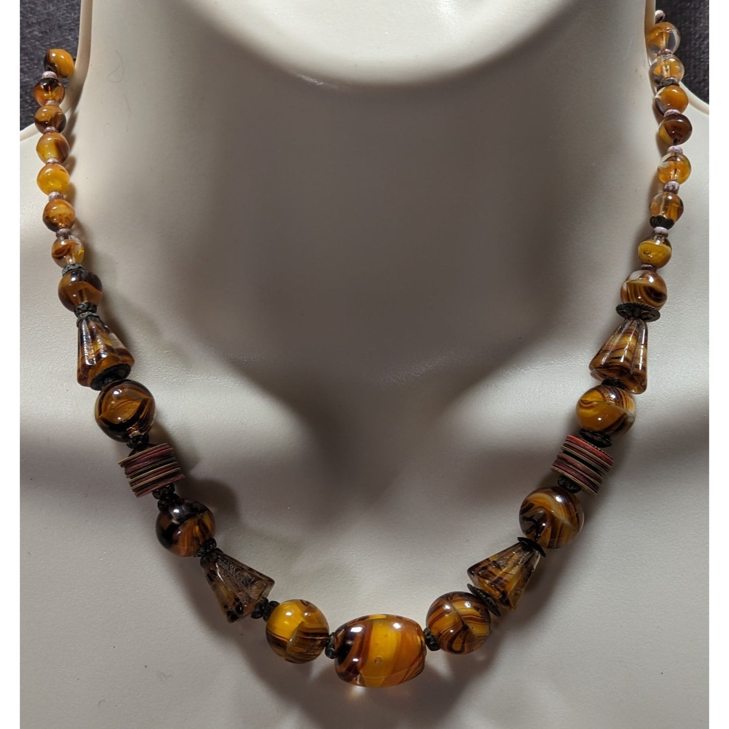 Vintage Marbled Glass Necklace In Honey And Earth Tones