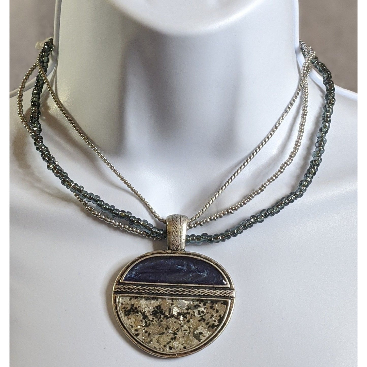 Laura Ashley Abstract Blue And Silver Tone Multi-Strand Necklace With Round Pendant