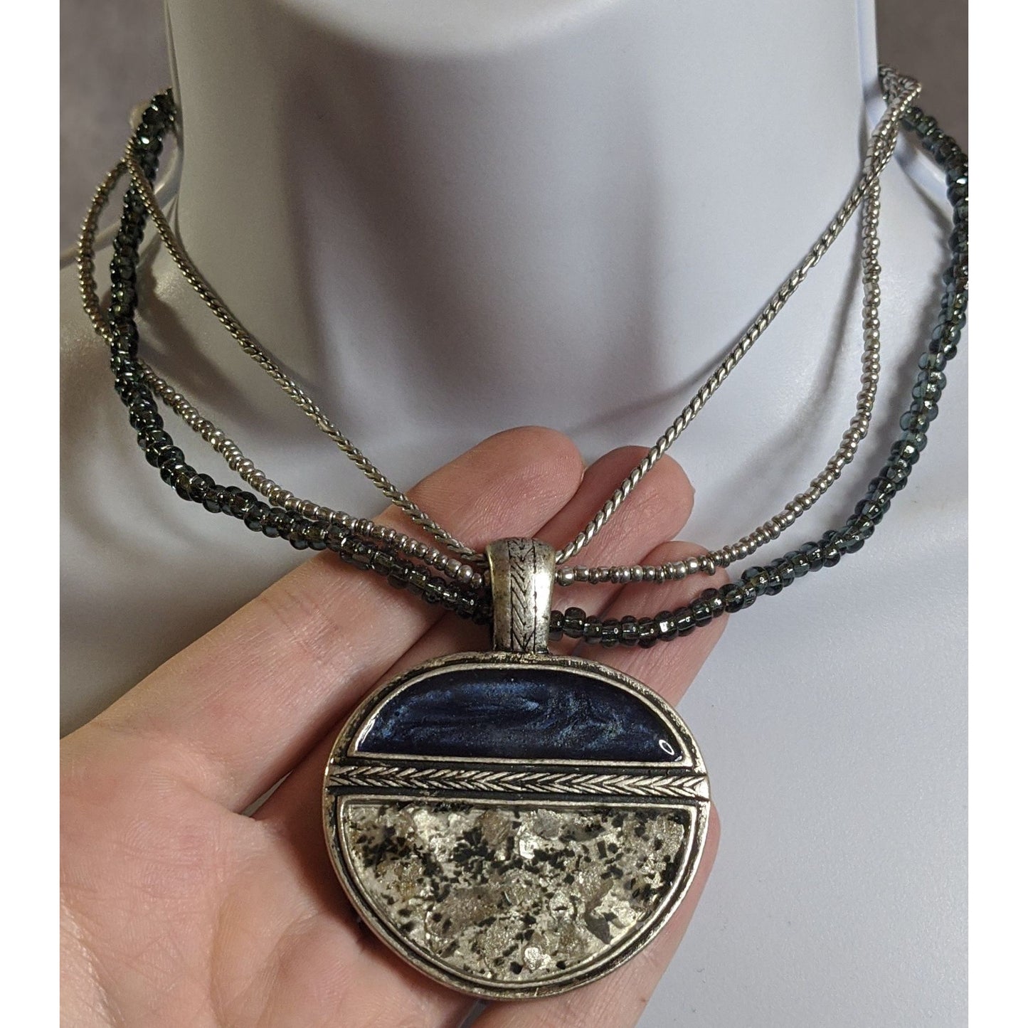 Laura Ashley Abstract Blue And Silver Tone Multi-Strand Necklace With Round Pendant