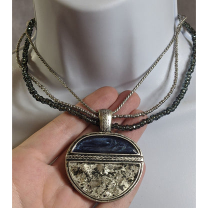 Laura Ashley Abstract Blue And Silver Tone Multi-Strand Necklace With Round Pendant