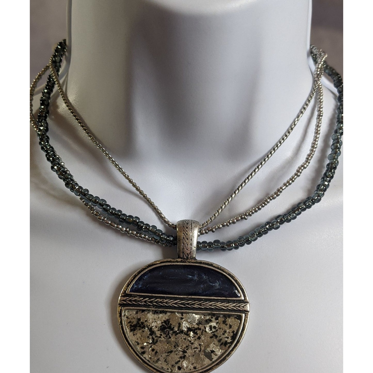 Laura Ashley Abstract Blue And Silver Tone Multi-Strand Necklace With Round Pendant