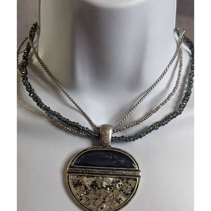 Laura Ashley Abstract Blue And Silver Tone Multi-Strand Necklace With Round Pendant