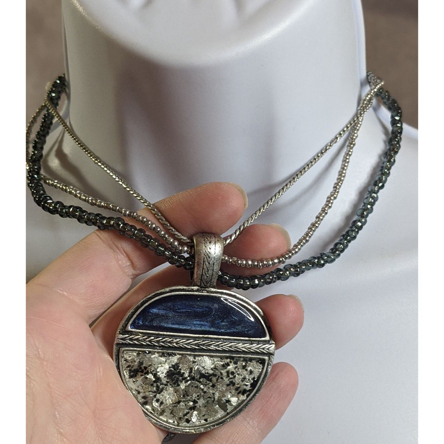 Laura Ashley Abstract Blue And Silver Tone Multi-Strand Necklace With Round Pendant