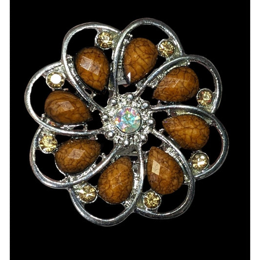 Fairycore Glam Brown And Silver Tone Rhinestone Flower Ring