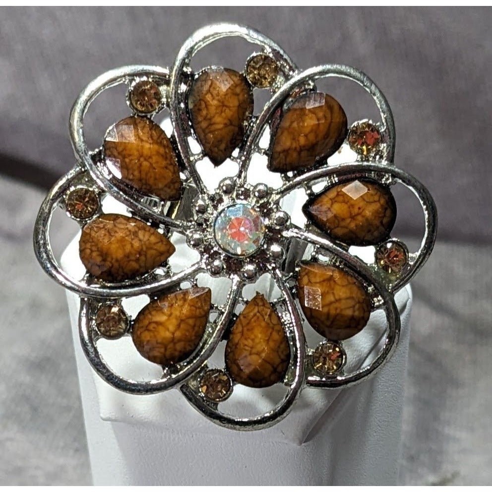 Fairycore Glam Brown And Silver Tone Rhinestone Flower Ring