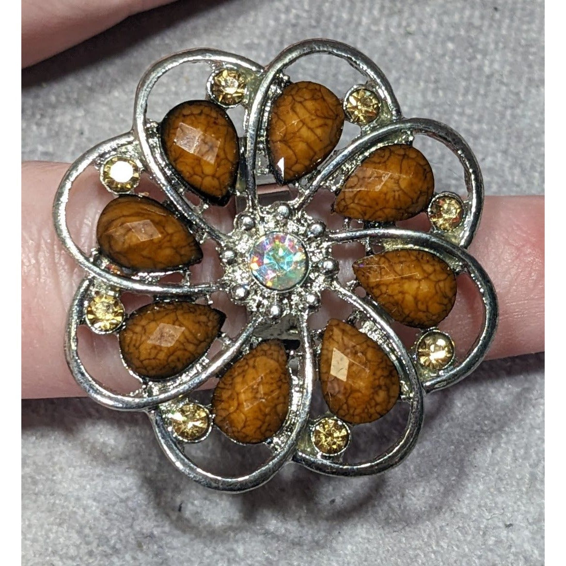 Fairycore Glam Brown And Silver Tone Rhinestone Flower Ring
