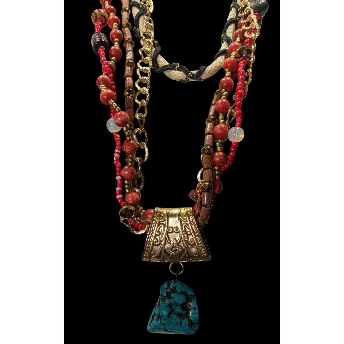 Mali Bohemian Layered Glass Stone And Wood Necklace