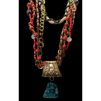 Mali Bohemian Layered Glass Stone And Wood Necklace