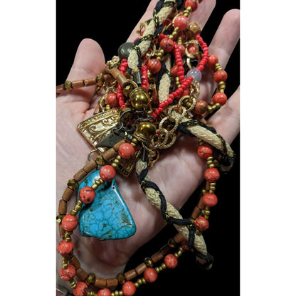 Mali Bohemian Layered Glass Stone And Wood Necklace