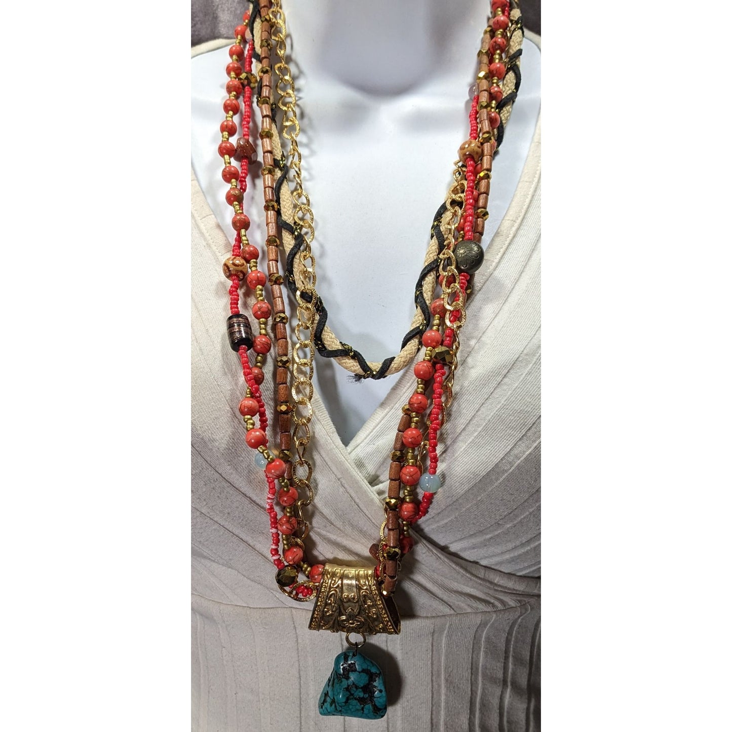 Mali Bohemian Layered Glass Stone And Wood Necklace