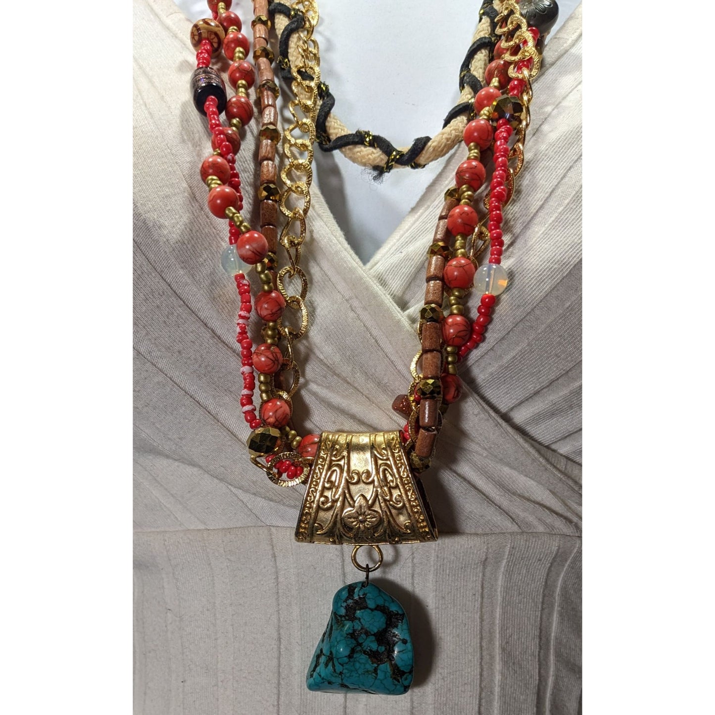 Mali Bohemian Layered Glass Stone And Wood Necklace