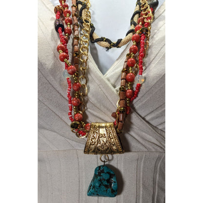 Mali Bohemian Layered Glass Stone And Wood Necklace