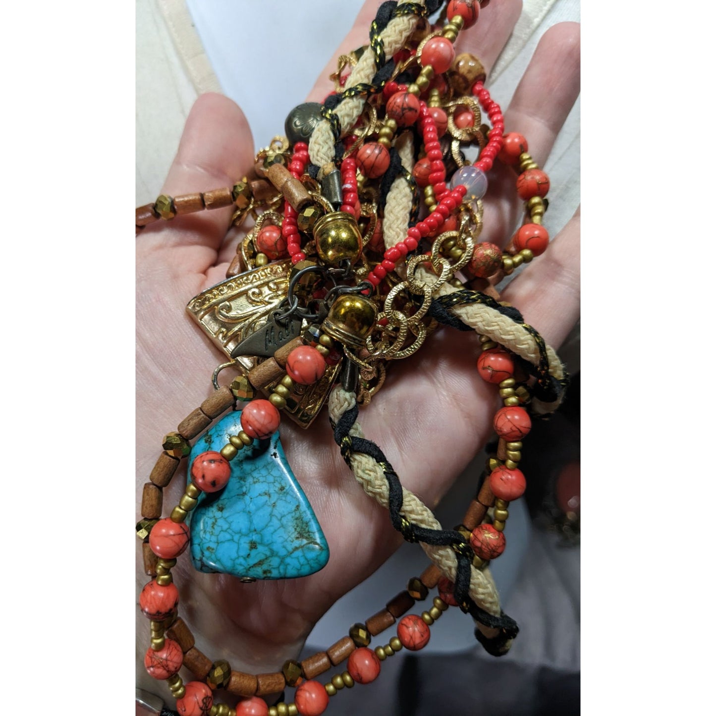 Mali Bohemian Layered Glass Stone And Wood Necklace
