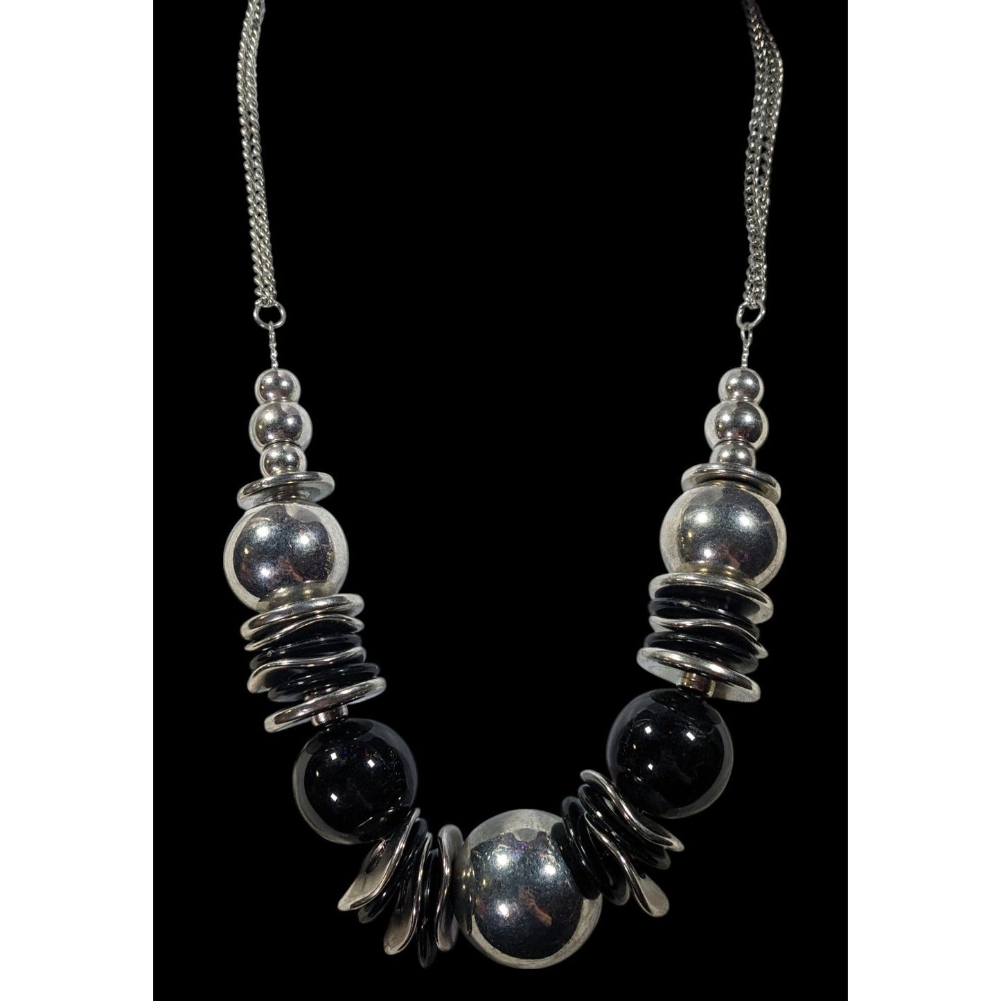Bold Metallic Beaded Black And Silver Tone Statement Necklace