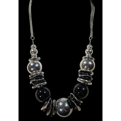 Bold Metallic Beaded Black And Silver Tone Statement Necklace
