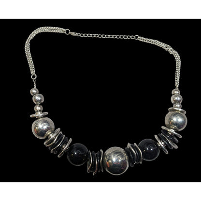 Bold Metallic Beaded Black And Silver Tone Statement Necklace