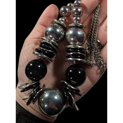 Bold Metallic Beaded Black And Silver Tone Statement Necklace