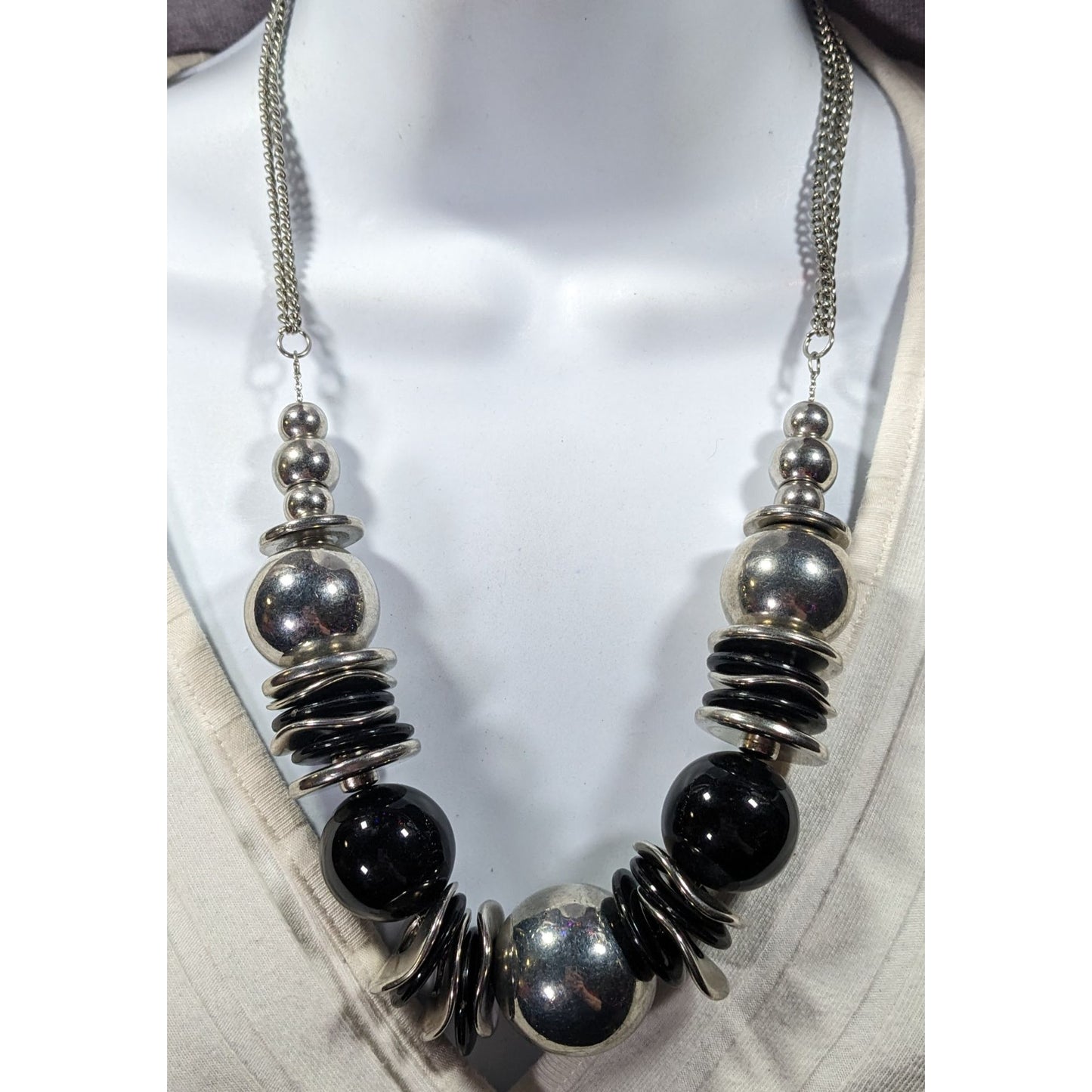 Bold Metallic Beaded Black And Silver Tone Statement Necklace