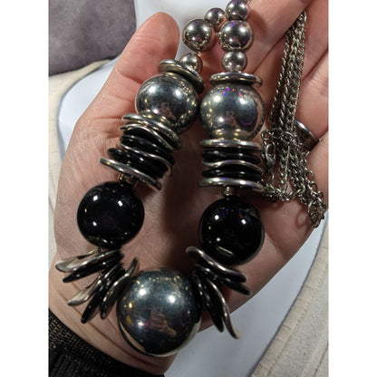 Bold Metallic Beaded Black And Silver Tone Statement Necklace
