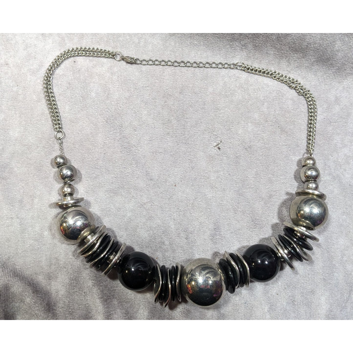 Bold Metallic Beaded Black And Silver Tone Statement Necklace