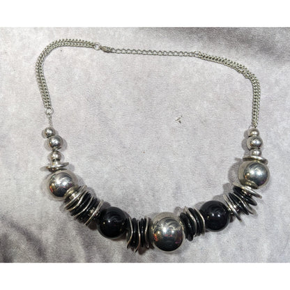 Bold Metallic Beaded Black And Silver Tone Statement Necklace