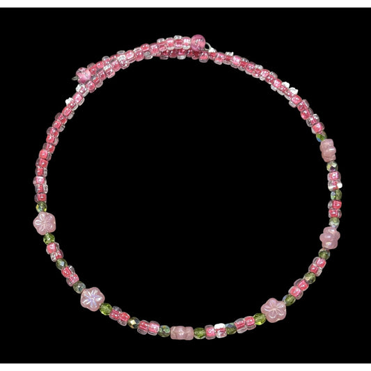 Fairycore Coquette Pink And Green Floral Handmade Glass Coil Necklace