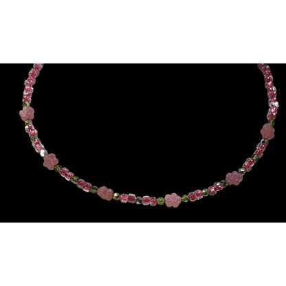Fairycore Coquette Pink And Green Floral Handmade Glass Coil Necklace