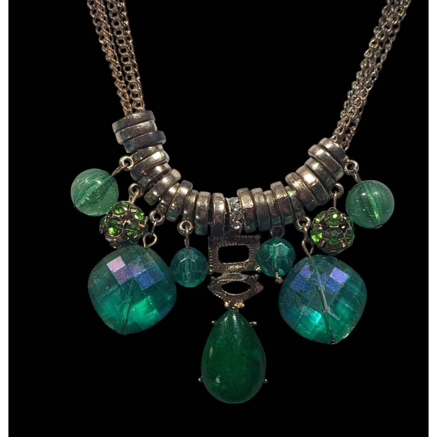 Vintage Whimsical Glam Green And Gold Tone Gemmed Necklace
