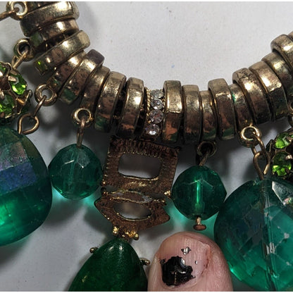 Vintage Whimsical Glam Green And Gold Tone Gemmed Necklace
