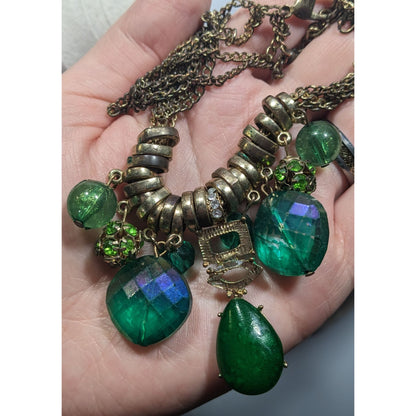 Vintage Whimsical Glam Green And Gold Tone Gemmed Necklace