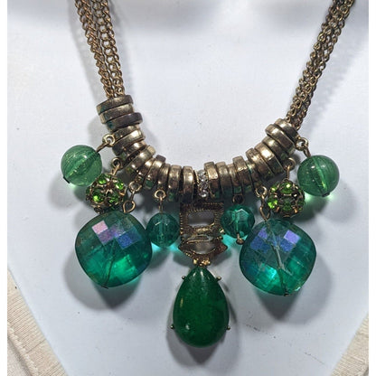 Vintage Whimsical Glam Green And Gold Tone Gemmed Necklace
