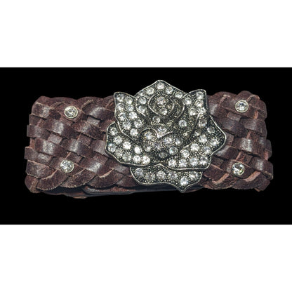 Cowgirl Glam Floral Braided Leather Rhinestone Bracelet