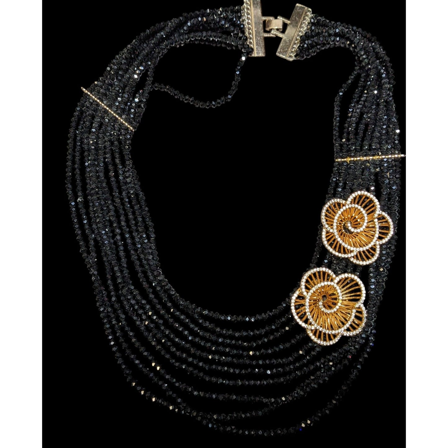 Vintage Glam Layered Black Glass Necklace With Gold Tone Flower Accents
